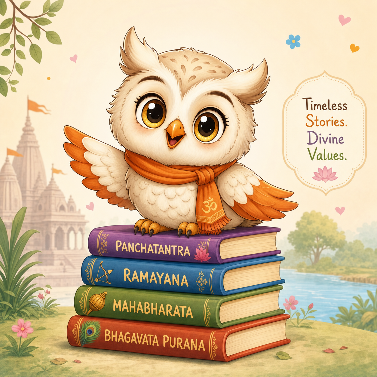 Gyaan the wise owl mascot perched on a stack of colorful storybooks about Panchatantra, Ramayana, Mahabharata, and Bhagavata Purana